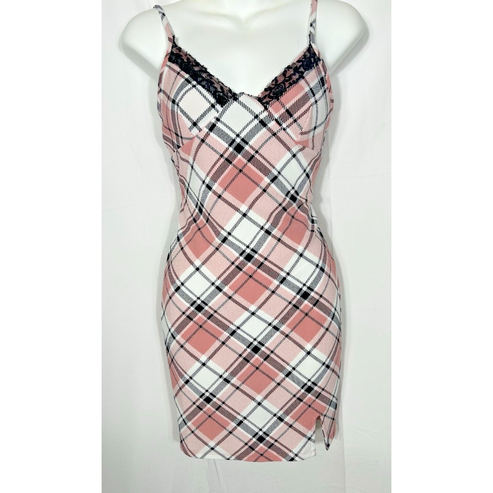 Y2K NoBo Plaid‎ Babydoll Mini Dress Fitted Lace Cute Goth Grunge Academia Size S